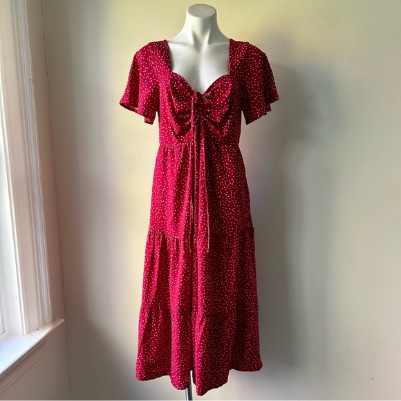 Red Polka Dot Ruched Sweetheart Bodice Ruffle Tiered Midi Dress 12/L  NWT - Picture 6 of 9